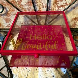 Jewelry Box, glass case, Red, “Hello Beautiful”